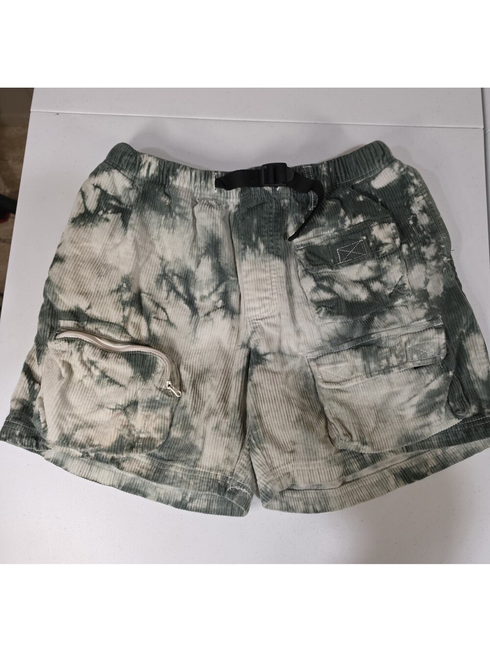 Without Walls Men's Green/White Tie-Dye Cargo Shorts Elastic Waist Regular